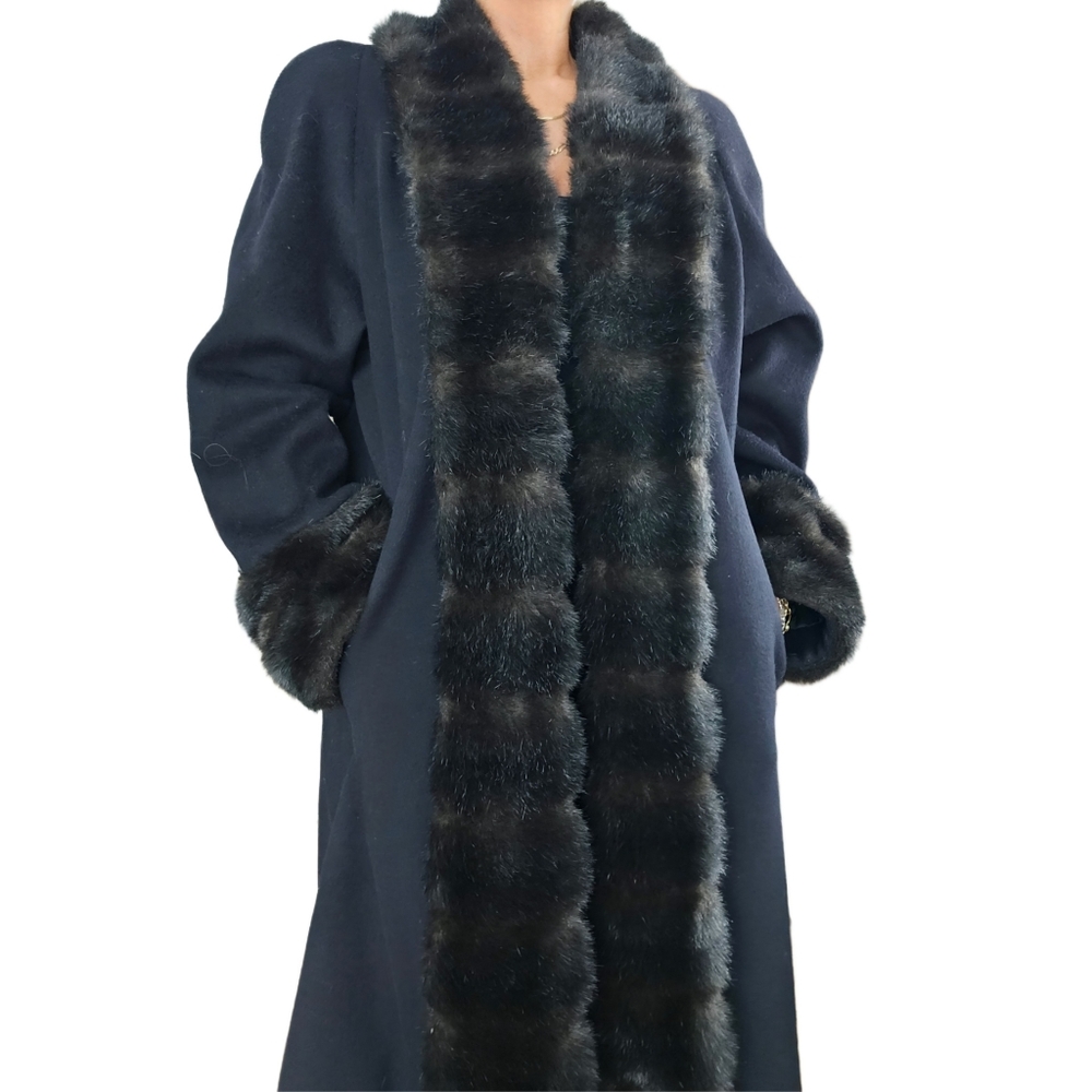 Vintage Wool & Vegan Fur Full Length Long Black Alorna Faux Fur Penny Lane Coat - Picture 6 of 7